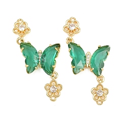 Dark Green Brass Micro Pave Cubic Zirconia Connector Charms, Butterfly with Flower Links, with Glass, Lead Free & Cadmium Free, Long-Lasting Plated, Rack Plating, Real 18K Gold Plated, Dark Green, 46x21x4mm, Hole: 1.4mm