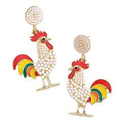 Разноцветный Литые эмаль болтаться серьги стержня, петух, золотые, красочный, 59x31 мм