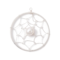 Silver Natural Cultured Freshwater Pearl Pendants, Flat Round Brass Web/Net Charms, Silver, 40x35.5x6mm, Hole: 2mm