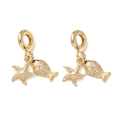 Настоящее золото 16K Подвески из прозрачного кубического циркония с микропаве в стиле «океанская латунь», морские животные морские звезды рыбы большие отверстия подвески, реальный 16 k позолоченный, реальный 16 k позолоченный, 29 мм, отверстие : 5 мм, Кулон : 14~17x7~11x3~3.5 мм