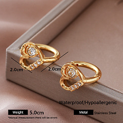Heart 304 Stainless Steel Rhinestone Hoop Earrings for Women, Golden, Heart, 20x20mm