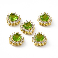 Зеленый лайм Стойки обшивки латунь микро проложить кубического циркония бусы, со стеклом, реальный 18 k позолоченный, долговечный, без кадмия, без никеля и без свинца, сердце, зеленый лайм, 10.5x10.5x6 мм, отверстие : 1.2~3.5x1.2~1.4 мм