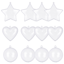 Clear 12sets 3 Style Openable Transparent Plastic Pendants, Fillable Plastic Bauble Christmas Ornament, Mixed Shapes, Clear, 4sets/style