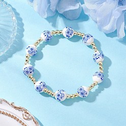 с Золотистым Покрытием Гальванизированные немагнитные синтетические гематитовые круглые бусины эластичные браслеты для женщин, с фарфоровыми керамическими бусинами ручной работы с цветочным принтом, с золотым покрытием, внутренний диаметр: 2-1/2 дюйм (6.3 см)