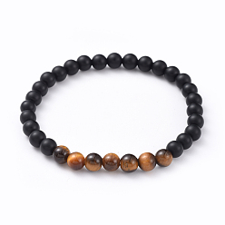 Tiger Eye Unisex Natural Black Agate(Dyed) Beads Stretch Bracelets, with Natural Tiger Eye Beads, Round, 2-1/8 inch(5.5cm)