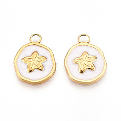 Белый 304 подвески из нержавеющей стали, с эмалью, плоский круглый со звездными подвесками, ионное покрытие (ip), реальный 18 k позолоченный, белые, 16.5x13x2 мм, отверстие : 2.5 мм