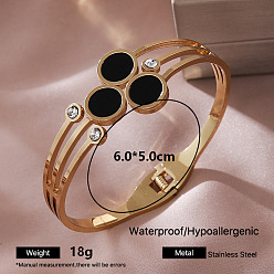 Flat Round 304 Stainless Steel Black Enamel Hinged Cuff Bangles with Crystal Rhinestone for Women, Golden, Flat Round, Inner Diameter: 2.36 inch(6cm)