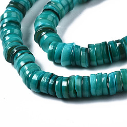 Teal Natural Freshwater Shell Beads Strands, Dyed, Flat Round/Disc, Heishi Beads, Teal, 6x6x1~2.5mm, Hole: 1mm, about 201~208pcs/strand, 15.20~15.43 inch(38.6~39.2cm)
