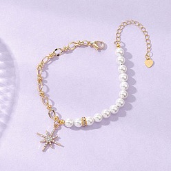 Золотой Браслеты со звездами из сплава и стразами, браслеты из латунной цепочки и ракушечного жемчуга для женщин, золотые, 7-3/8 дюйм (18.6 см)