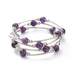 Amethyst Three Loops Wrap Bracelets, with Natural Amethyst Beads, Flat Round with Lotus Alloy Beads, Round Iron Spacer Beads, Brass Tube Beads and Burlap Bag, 2 inch(5.2cm)