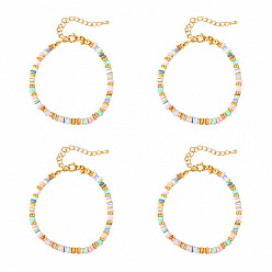 Colorido Conjuntos de pulseras bohemias de cuentas heishi de concha natural teñida, Pulseras apilables ajustables con cadenas de latón en los extremos y cuentas de vidrio., dorado, colorido, 6.50 pulgada (16.5 cm) ~ 6.69 pulgada (17 cm), 4 PC / sistema