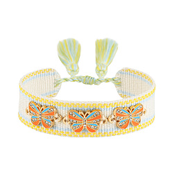 Кукурузный Шелк Регулируемые браслеты-слайдеры в форме бабочки из полиэстера, сплава, смолы, эмали и стразов., браслеты макраме для женщин, с кистями, цвет колоса кукурузы, 5.91~9.45 дюйм (15~24 см)