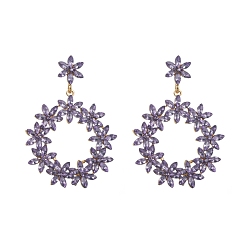 Violet Alloy Rhinestone Stud Earrings, Flower, Violet, 62x45mm