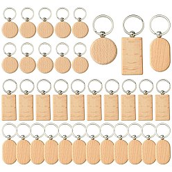 Moccasin 30Pcs 3 Style Rectangle/Flat Round Wooden Blank Engravable Tags Keychain, with Iron Rings, Moccasin, 40~53x40~32x7mm, 10pcs/style