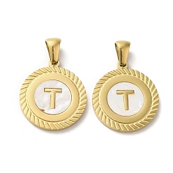 Letter T Ионное покрытие (ip) 304 подвески из нержавеющей стали, плоские круглые подвески-ракушки с буквой, золотые, Письмо T, 20.5x17.5x1.5 мм, отверстие : 2.5x4.5 мм