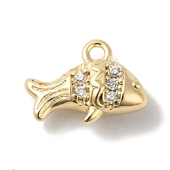 Настоящее золото 18K Латунные микропаве прозрачные подвески с фианитом, без кадмия, без никеля и без свинца, рыба, реальный 18 k позолоченный, 8.5x11x4.5 мм, отверстие : 1.2 мм