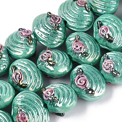 Светлый Морско-зеленый УФ-покрытие, бусины ручной работы из стекла, нити из стекла, форма ракушки и цветок, радужный, светло-зеленый, 12~14.5x15.5~17.5x11~13 мм, отверстие : 1~1.5 мм, около 30 шт / нитка, 14.96~15.55 дюйм (38~39.5 см)