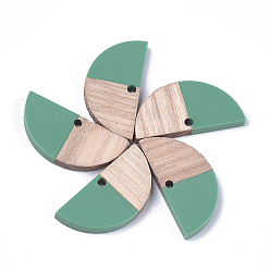 Green Resin & Wood Semi Circle Pendants, Half Round, Sea Green, 14x28x3~3.5mm, Hole: 2mm