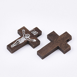 Coconut Brown Printed Wooden Pendants, Crucifix Cross, For Easter, Dyed, Coconut Brown, 32.5~33.5x21~22x4.5mm, Hole: 2mm