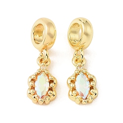 Plaqué 18K Or Véritable Breloques européennes en laiton micro pavé clair zircone cubique, Pendentifs grand trou, œil de cheval à fleurs, avec la glace, crémaillère plaquage, plaqué longue durée, sans plomb et sans cadmium, réel 18 k plaqué or, 23mm, Trou: 5mm