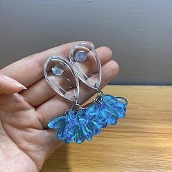 Dodger Blue Alloy Resin Stud Dangle Earrings, Flower, Golden, Dodger Blue, 65mm