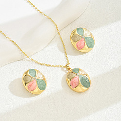 Золотой Овальные с цветочным узором латунные эмалевые подвески и комплекты серег-гвоздиков, золотые, 420 мм