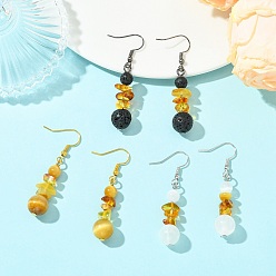 Смешанные камни 3 пары 3 стили серьги-подвески с натуральными драгоценными камнями и бусинами, с  латунными крючками для серег, круглая с чипом, разноцветные, 49.5~51.5x11.5 мм, 1 пара / стиль