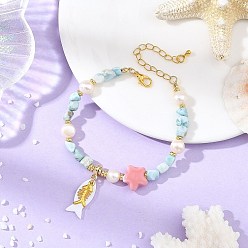 Golden Summer Alloy Fishbone and Natural Shell Fish Charm Bracelets, Natural Larimar & Pearl & Handmade Porcelain Beaded Bracelets for Women, Golden, 7.48 inch(19cm)