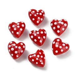 Красный Бусины лэмпворк , сердце в горошек, красные, 16.5~17x16.5~17x12~12.5 мм, отверстие : 1.5~1.6 мм