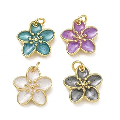 Golden Brass Enamel Pendants, Flower Charms, Rack Plating, Long-Lasting Plated, Cadmium Free & Lead Free, Golden, 15.5x15.5x3.7mm, Hole: 3mm