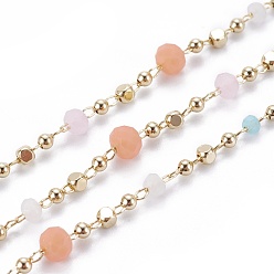 Разноцветный Ручной цепи стекло бисером, пайки, с медными цепями и бусами, долговечный, с катушкой, граненые, шайба, реальный 18 k позолоченный, красочный, 1.5x1.5x1.5 мм, около 32.8 футов (10 м) / рулон