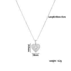 Cœur Collier pendentif médaillon vierge en laiton serti de micro-pavés de zirconiums cubiques, ouvrable, pour gravure d'un nom, avec 304 inoxydable chaînes en acier, couleur inox, cœur, 15.75 pouce (40 cm), pendentif: 24.9x18 mm