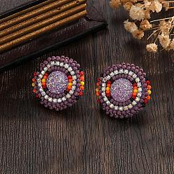 Фиолетовый Винтажные серьги-гвоздики в богемном стиле из разноцветного стеклянного бисера и стразов., плоско-круглые, фиолетовые, 26 мм
