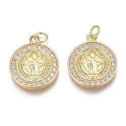 Real 18K Gold Plated Brass Micro Pave Clear Cubic Zirconia Pendants, Long-Lasting Plated, With Jump Rings, Flat Round, Real 18K Gold Plated, 20x16.5x2mm, Hole: 3mm, Jump Ring: 5x1mm