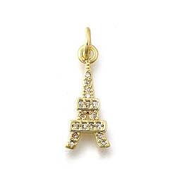 Настоящее золото 18K Латунные микропаве прозрачные подвески с фианитом, без кадмия, без никеля и без свинца, эйфелева башня подвески, реальный 18 k позолоченный, 17x7x2 мм, отверстие : 3 мм