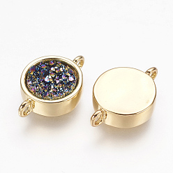 Фиолетовый Соединители звеньев натурального агата друзы, с настоящими 18 к золотыми медными выводами, плоско-круглые, окрашенные, фиолетовые, 10x15.5x3~3.5 мм, отверстие : 1 мм