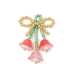 Оранжево-Красный Бант из стеклянных бисера с подвесками-цветами, оранжево-красный, 38x27x12 мм, отверстие : 3x2.5 мм