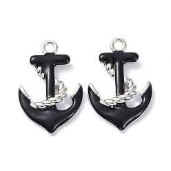 Черный Кулоны из экологически чистой латуни с эмалью, долговечный, якорь, реальный 18 k позолоченный, чёрные, 25x16x3 мм, отверстие : 2 мм