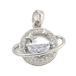 Platinum Brass Micro Pave Clear Cubic Zirconia Pendant, with Resin, Planet, Platinum, 17x20x6mm, Hole: 4.5x3.8mm