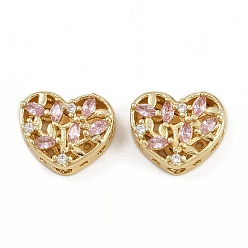 Pink Многожильные звенья из латуни с паве из кубического циркония, долговечный, сердце, золотые, розовые, 10x12x6 мм, отверстие : 2 мм