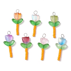 Нержавеющая Сталь Цвет Стеклянные подвески, цветок, с 304 штифтами из нержавеющей стали с плоской головкой и бисером, cmешанных цветов, цвет нержавеющей стали, 32.5x14x4.5 мм, отверстие : 3 мм