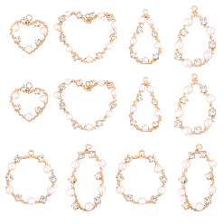 Light Gold Brass Wire Wrapped Pendants, with Crystal Rhinestone and ABS Plastic Imitation Pearl, Heart, Light Gold, 20x23x5mm, Hole: 2mm, 12pcs/box
