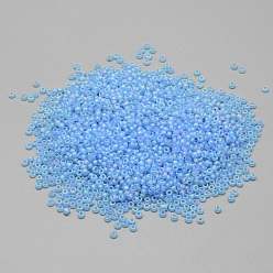 Deep Sky Blue 12/0 Grade A Round Glass Seed Beads, Transparent Frosted Style, AB Color Plated, Deep Sky Blue, 2x1.5mm, Hole: 0.8mm, about 30000pcs/bag