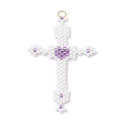 Лиловый Подвески-кресты из стеклянного бисера, с 304 кольцами из нержавеющей стали, реальный 18 k позолоченный, сирень, 43.5x30.5x1.5 мм, отверстие : 3.5 мм