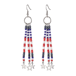Colorful 304 Stainless Steel Star Dangle Earrings, Glass Seed Beaded Tassel Earrings, Colorful, 97x23mm