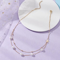 Золотой Двухслойное ожерелье из белого круглого жемчуга и латуни., золотые, 16.93 дюйм (43 см)