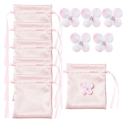 Pink Satin Cloth Drawstring Pouches with Flower, Rectangle, Pink, 15x15cm