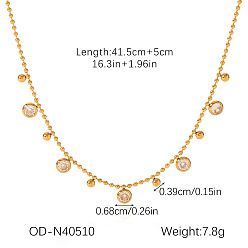 Real 18K Gold Plated 304 Stainless Steel Pave Clear Cubic Zirconia Pendant Necklaces, Flat Round, Real 18K Gold Plated, 16.34 inch(41.5cm)