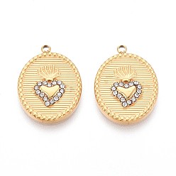 Настоящее золото 14K 304 подвески из нержавеющей стали, со стразами, овальные и сердце, реальный 14 k позолоченный, 20.5x15.5x2.5 мм, отверстие : 1.6 мм