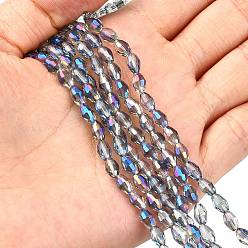 Blue Electroplate Glass Beads Strands, Half Plated, Faceted, Oval, Blue, 6x4mm, Hole: 1mm, about 72pcs/strand, 16 inch
